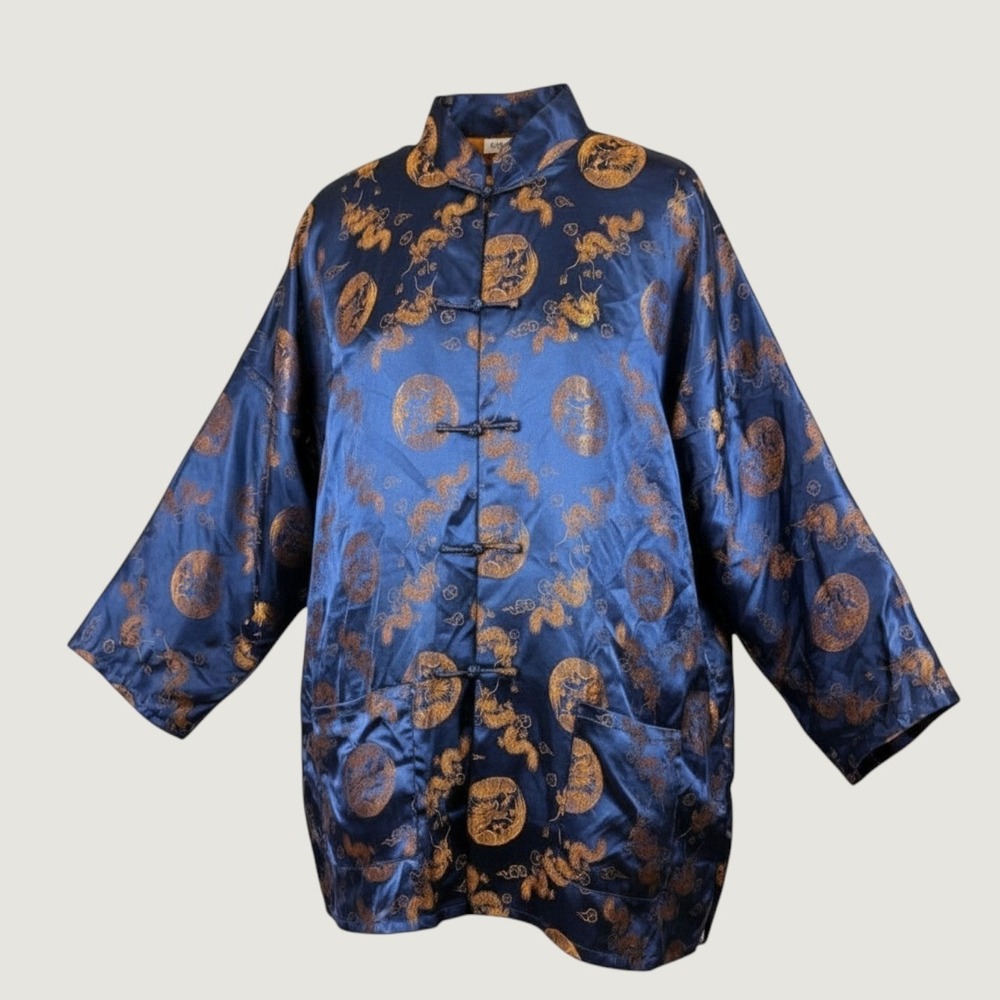 Vintage 1970s Golden Dragon Chinese Brocade Tang Jacket XXL Navy Gold Dragon